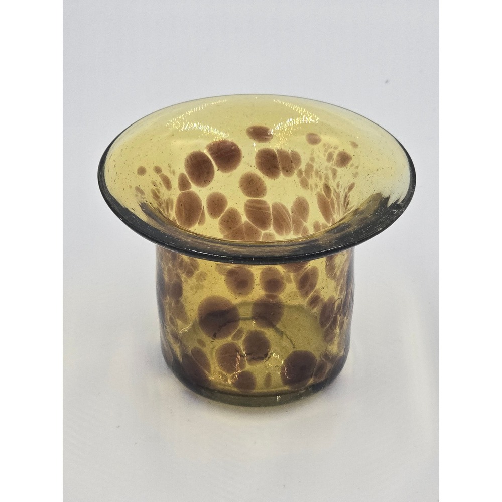 Hand Blown Amber Tortoise Shell Glass Vase/Votive Flared Rim Top Hat Shape 3.5in